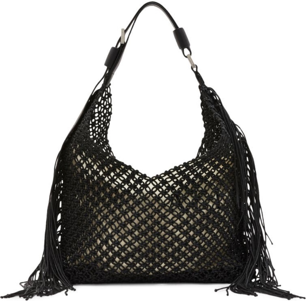 All Saints Black Macramé Fringe Hobo Bag